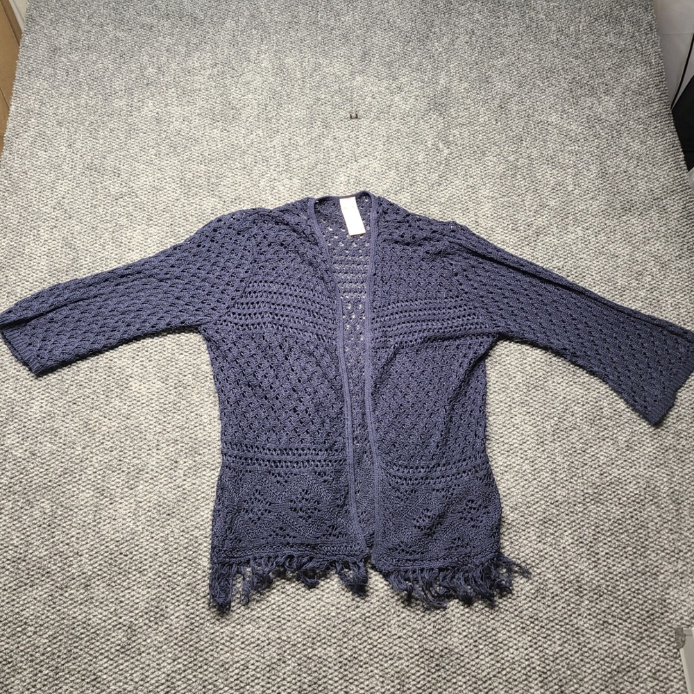 Boho Faded Glory Navy Blue Knit Fringe Cardigan 1X 16W Womens Open Front Sweater
